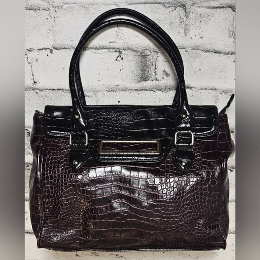 Nine West Faux Croc Tote Bag Purple Black Patent Shoulder Handbag